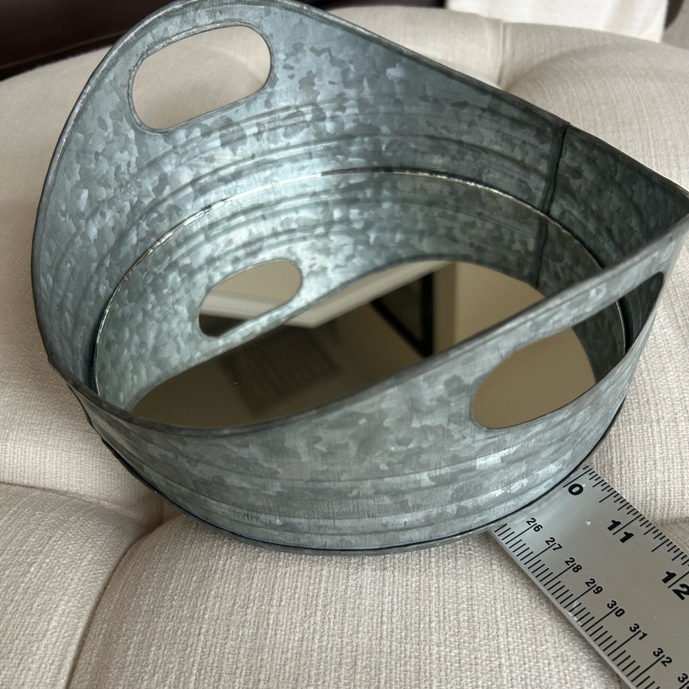 Galvanized metal oval serving tray handles mirrored bottom wall hook distressed